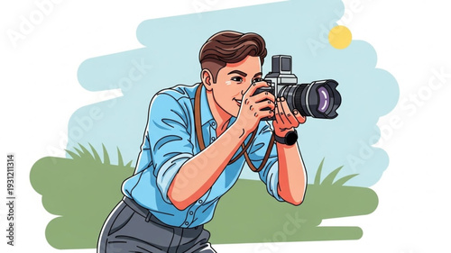 Young man photographer taking a picture with a professional camera.