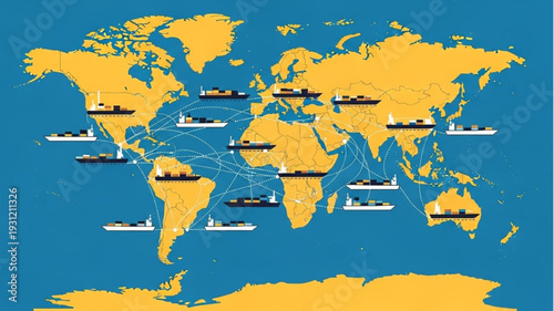 World map with ships illustrating global shipping routes and trade.