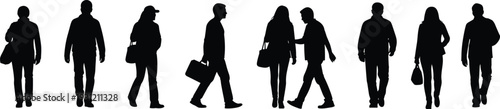 Black silhouettes of individuals walking and standing with bags and briefcases, showcasing diverse human postures, movement, and social interaction vector illustration