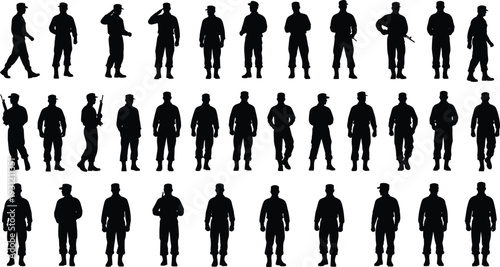 People silhouettes in diverse poses, uniformed figures with accessories, vector illustration of human stances, body language and posture design elements