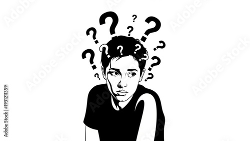 Young man with many question marks above his head looking confused.