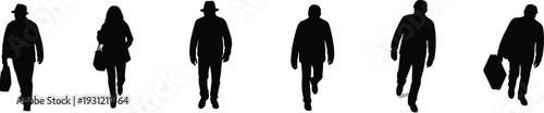 Black silhouettes of people walking forward with varied postures and accessories, showcasing human movement, balance, and everyday lifestyle vector illustration