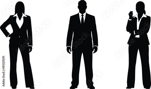 Business people silhouettes in suits, professional corporate vector illustration, diverse workplace figures, standing poses with phone, modern office identity design