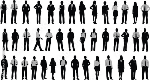 Business silhouettes professionals, diverse corporate attire, confident postures, briefcase figures, teamwork communication, office gestures, abstract vector illustration, black design elements