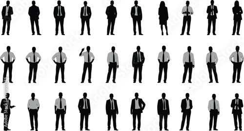 Business silhouettes professionals, diverse corporate figures, suits and ties, office attire, professional postures, abstract vector illustration, black design elements, workplace diversity art