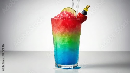 Vibrant Rainbow Slushy Drink with Fresh Berries and Lime Slice