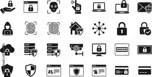 Cyber Security and Data Protection Icon Set with Lock Shield Fingerprint and Secure Network Symbols