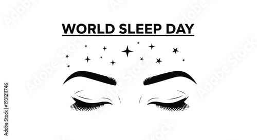 Black and white vector graphic illustration celebrating world sleep day with closed eyes and sparkling stars design element