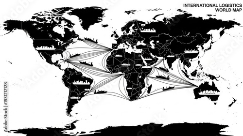World Map Showing International Shipping Routes and Trade Connections.