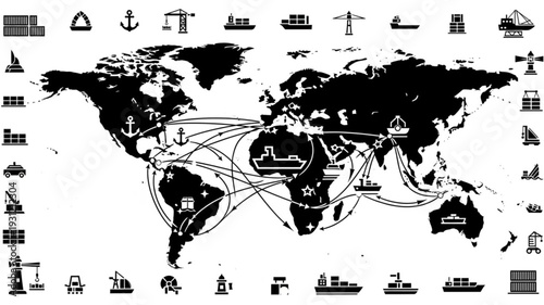 World Map with Shipping Routes and Vessel Icons.