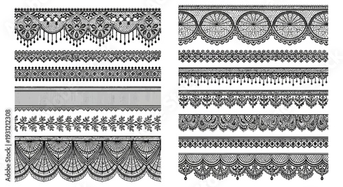 Collection of ornate black lace borders and patterns arranged in horizontal rows