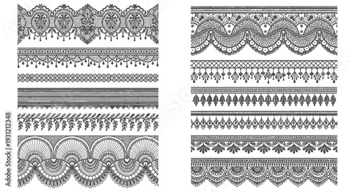 Collection of ornate black lace borders and trims displayed in a grid format