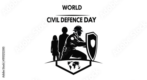 Black and white vector graphic illustration celebrating world civil defence day with a protector and protected citizens below a global map icon