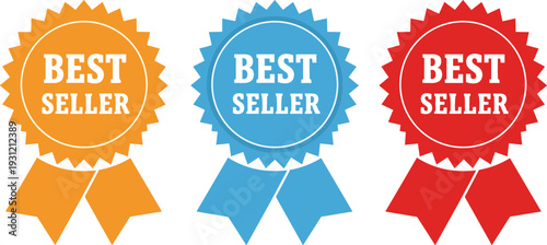 Best Seller Badge Ribbon Icon Set with Award Seal Labels in Red Blue and Orange Flat Style