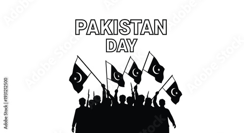 Pakistan Day celebration vector illustration featuring a group of people waving national flags, a patriotic graphic design for independence and unity events.