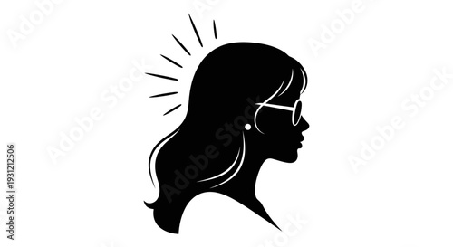 Silhouette of a woman's profile wearing stylish glasses, with radiating lines suggesting intelligence, confidence, or inspiration.