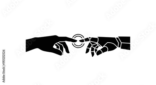 Human hand touching robotic finger, symbolizing artificial intelligence, future technology, and human-machine interaction in a clean graphic design.