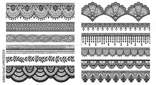 Collection of ornate black lace borders and decorative ribbon patterns on white