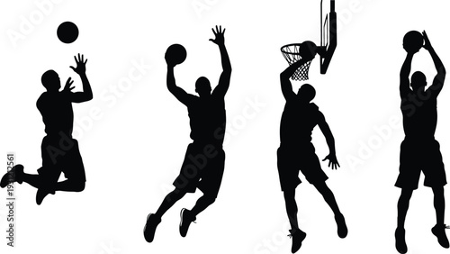 Silhouette illustration of basketball players in action poses, shooting, dunking, passing, dynamic athletic motion, black vector sports artwork design