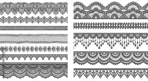 Collection of ornate black lace borders and patterns on a white background