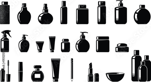 Cosmetic container silhouettes, beauty product packaging icons, lotion bottles, spray jars, makeup items, vector illustration, personal care design