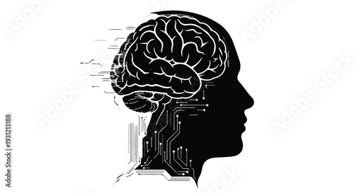 Silhouette of a human head with a circuit board brain, representing artificial intelligence and technology.