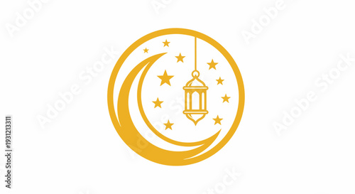 Golden crescent moon with stars and a lantern, celebrating Islamic culture and festive occasions