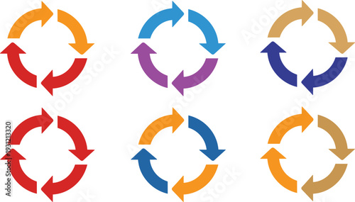 Circular Arrow Cycle Icon Set with Refresh Sync Rotation and Process Loop Symbols in Color Flat Style