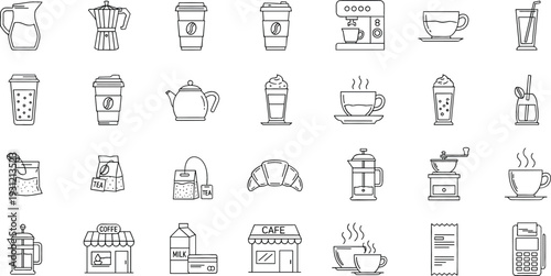Coffee and Beverage Outline Icon Set with Cup Teapot Espresso Machine and Cafe Symbols Collection