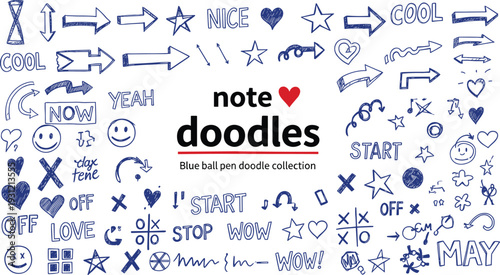 Blue ballpoint pen note doodle collection with hand drawn arrows stars hearts check marks and text symbols cad drawing flat vector illustration