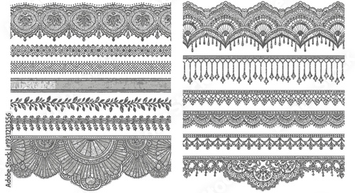 Collection of ornate black and white lace borders and decorative trim patterns