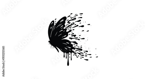 Abstract black butterfly dissolving into ink splatters on white background, symbolizing transformation and fragility.