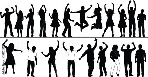 Dancing silhouettes illustration, expressive human figures, jumping postures, raised arms gestures, abstract vector art, black design elements, body language movement representation