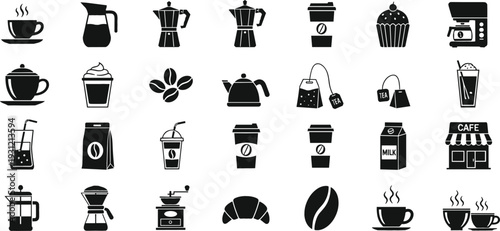 Coffee and Cafe Icon Set with Cup Beans Teapot Milk Croissant and Brewing Equipment Silhouette Collection