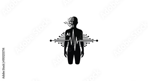 Futuristic AI concept of human intelligence merging with technology and data.