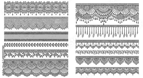 Intricate black lace borders and patterns arranged in a grid formation