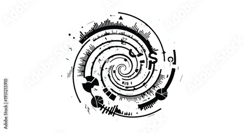 Abstract digital spiral with intricate sound wave patterns and futuristic design