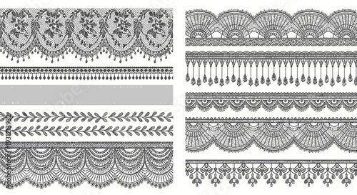 Collection of ornate black and white lace border designs arranged in vertical rows