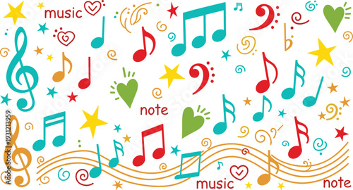 Colorful Music Doodle Background with Notes Clef Hearts Stars and Hand Drawn Melody Symbols