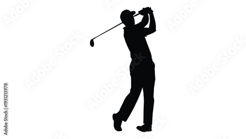 A black silhouette of a man playing golf isolated on white background, Vector