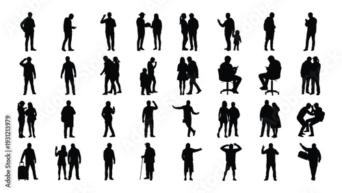 A collection of black silhouettes of people performing various actions isolated on white background, Vector