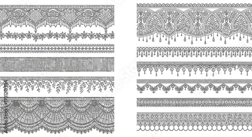Intricate black and white lace patterns arranged in vertical bands and rows
