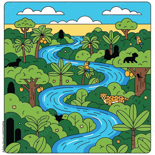 Amazon rainforest aerial view with winding blue river and wild jaguar among jungle trees