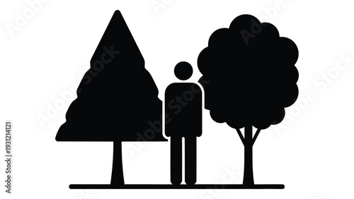 A person standing between two trees in a simple graphic isolated on white background, Vector