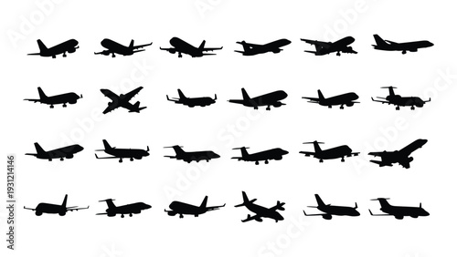 Collection of various airplane silhouettes in flight isolated on white background, Vector