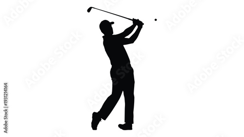 A black silhouette of a man playing golf isolated on white background, Vector