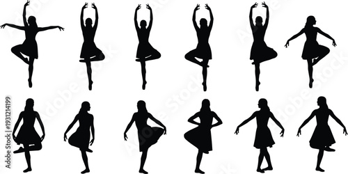 Elegant ballet dancer silhouettes in graceful poses, classical dance movements, female performers, artistic choreography, vector illustration, black dress figures