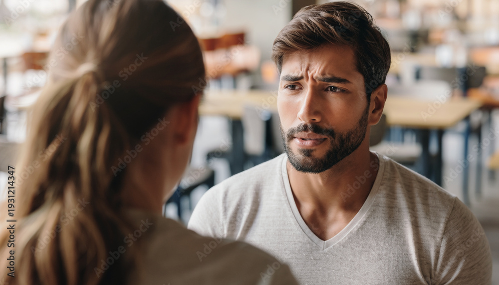 Obraz premium Man displaying worried expression during conversation, emotional dialogue, interpersonal interaction, café setting, blurred background.