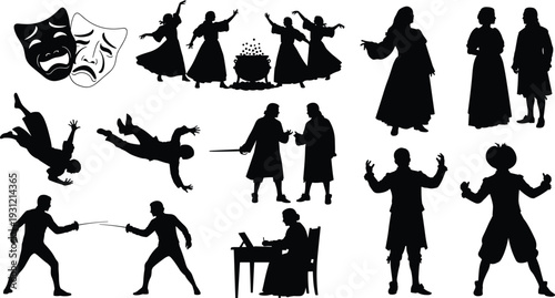 Silhouette illustration of theater masks, dramatic figures, fencing duel, witches dancing, playwright writing, expressive performance art vector design