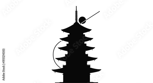 Striking black silhouette of a traditional tiered pagoda against a white background with a crescent moon.